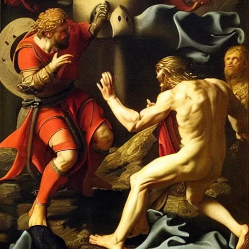 Prompt: King Arthur vs Heracles, baroque painting