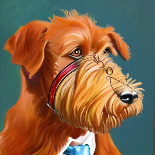 Prompt: beautiful painting of an Irish terrier wearing a monocle and a top hat, oil painting, majestic