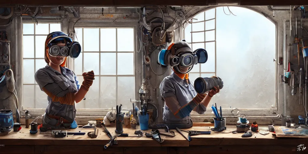 Prompt: highly detailed portrait painting of welder girl perfect symmetrical face, room mono window, workbench mess, by eddie mendoza and tyler edlin, 8 k resolution