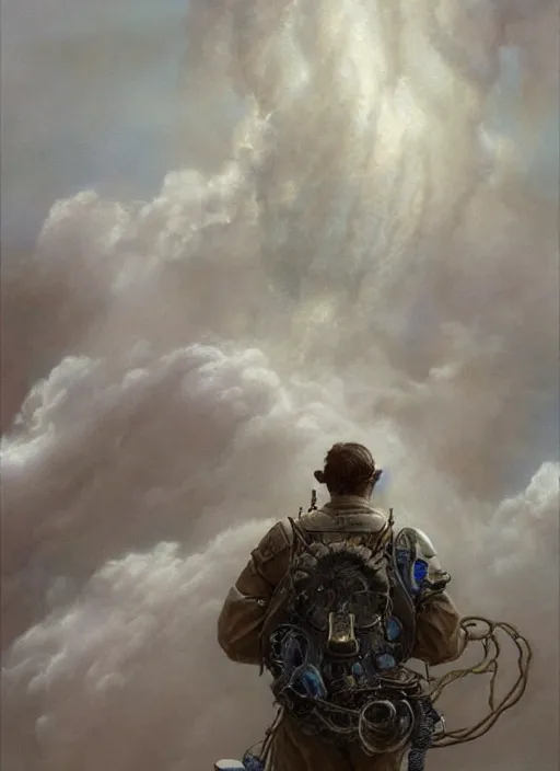 Image similar to A telemarketer walking out of of misty steam clouds, intricate, elegant, highly detailed, donato giancola, Joseph Christian Leyendecker, WLOP, Boris Vallejo, Artgerm