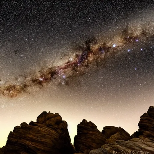 Prompt: a hyper realistic photograph of the milky way galaxy shining from above a rock canyon, award winning