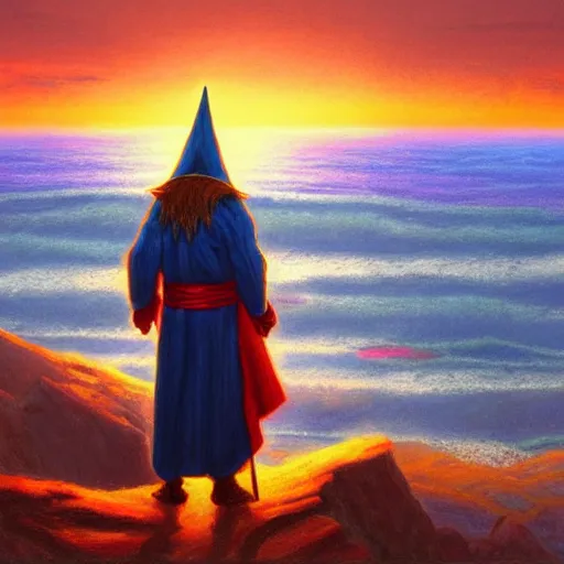 Prompt: A wizard in colorful robes looks out to sea at sunset, in the style of Justin Gerard,