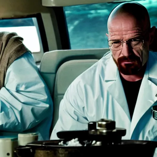 Prompt: film still of kim kardashian as walter white cooking meth inside an rv, in the tv show breaking bad, full-shot, 4k