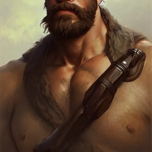 Image similar to portrait of a rugged ranger, muscular, upper body, hairy torso, D&D, fantasy, intricate, elegant, highly detailed, digital painting, artstation, concept art, matte, sharp focus, illustration, art by Artgerm and Greg Rutkowski and Alphonse Mucha