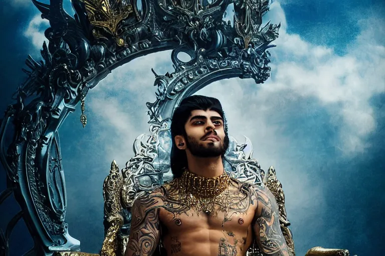 Prompt: https://s.mj.run/yeSgYF + Zayn Malik, fantasy, Young fit Atlantis king sitting on throne, a golden crown on his head, shirtless and a white falcon on his shoulders, steelpunk, ghibli studio, nekro, Tom Bagshaw, Craig Mullins, beautiful face, realistic face moody lighting, octane 8k, by brian froud, Trending on ArtStation