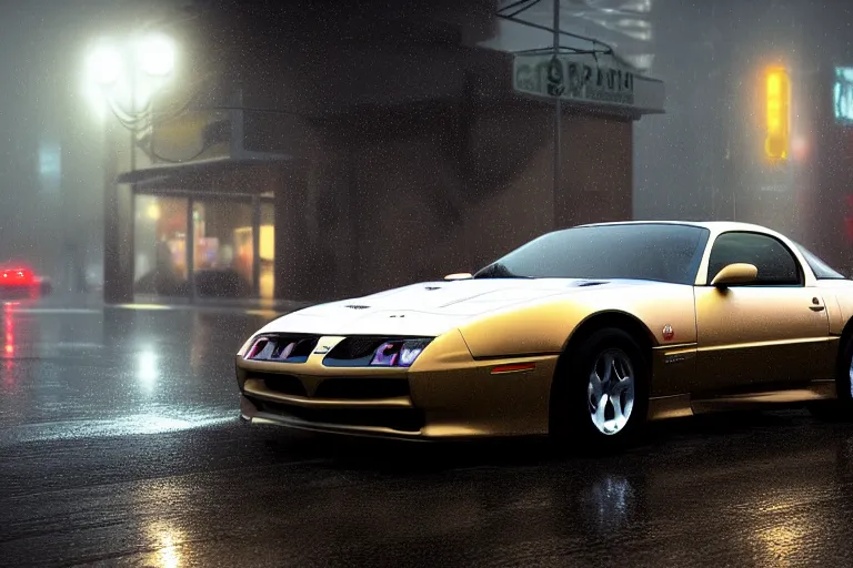 Prompt: hyperdetailed, photorealistic photograph of a 2 0 0 2 pontiac firebird trans - am drifting in the streets, rain, night, dense fog, hd, unreal engine 5 by greg rutowski, by stanley artgerm, by alphonse mucha