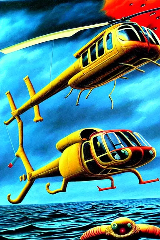 Prompt: a hyperrealistic painting of a helicopter being dragged into the water be sea creature, cinematic horror by chris cunningham, lisa frank, richard corben, highly detailed, vivid color,