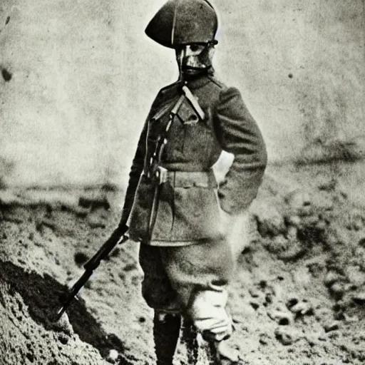 Image similar to a rabbit dressed as a ww1 russian soldier, posing in a muddy trench, grainy black and white photograph