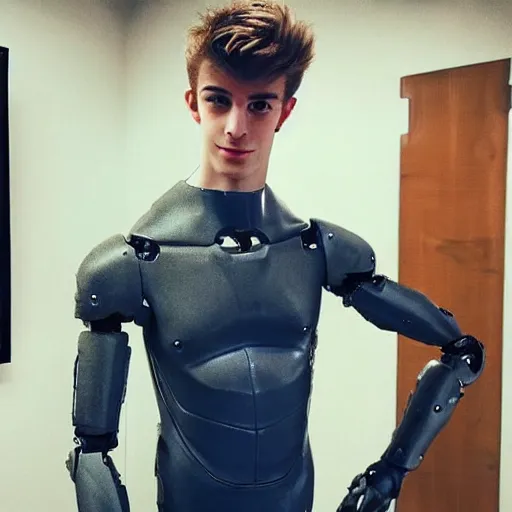 Prompt: “a realistic detailed photo of a guy who is an attractive humanoid who is half robot and half humanoid, who is a male android, twitch streamer Ninja Tyler Blevins, shiny skin, posing like a statue, blank stare, gaming room”