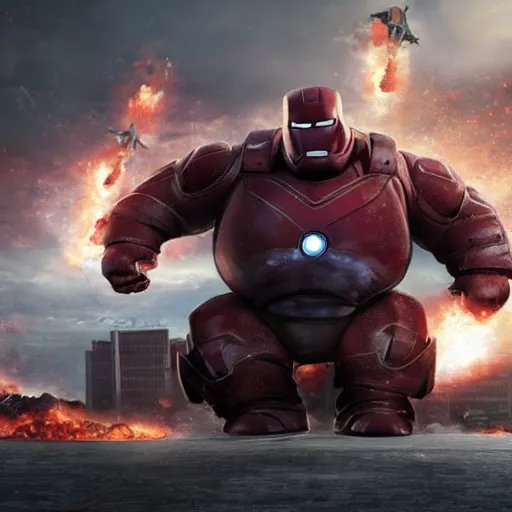 Prompt: Morbidly obese ironman sits down out of breath while new york is destroyed by aliens, movie still, Marvel studios