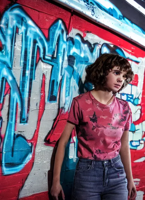 Prompt: Chrissy from stranger things in an abandoned trailer school, graffiti, trash, photo, colorful image