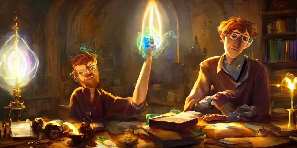 Prompt: a young caucasian male mage they are in a alchemy workshop working at there desk. coherent face, coherent hands, colorful, light rays, medium shot, waist up, sharp focus, bloom, dramatic lighting, very detailed, scene from pixar and dreamworks