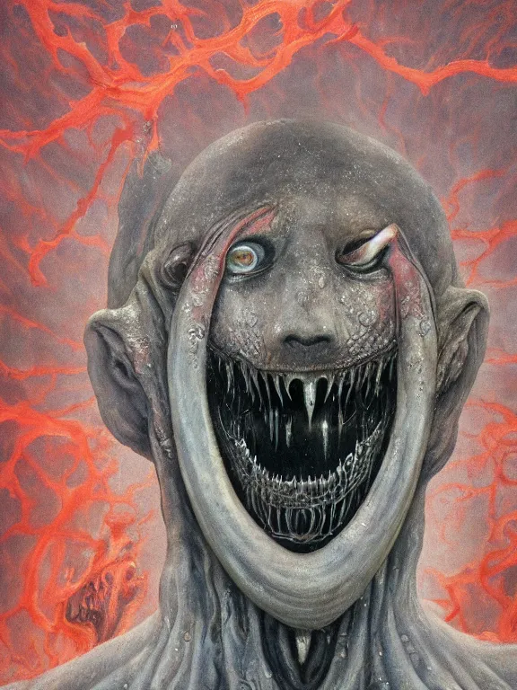 Image similar to wayne barlowe painting of a flying sorrowful looking severed human head with tears running down it's eyes, face that is chalk white in color, with long white tentacles stemming from it's neck, fiery scorching red eyes, background sprawling terrifying hellish cave with lava flowing through it's walls, 4 k