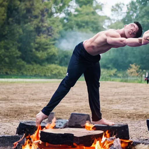 Image similar to male college gymnasts performing stunts around a campfire