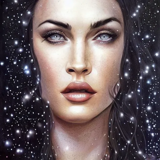 Image similar to portrait of megan fox wearing a black dress with galaxy lights and stars, sultry muscular body, fantasy, intricate, elegant, highly detailed, digital painting, artstation, concept art, matte, sharp focus, perfect face symmetry, illustration, art by aenaluck and roberto ferri and greg rutkowski, epic fantasy, digital painting