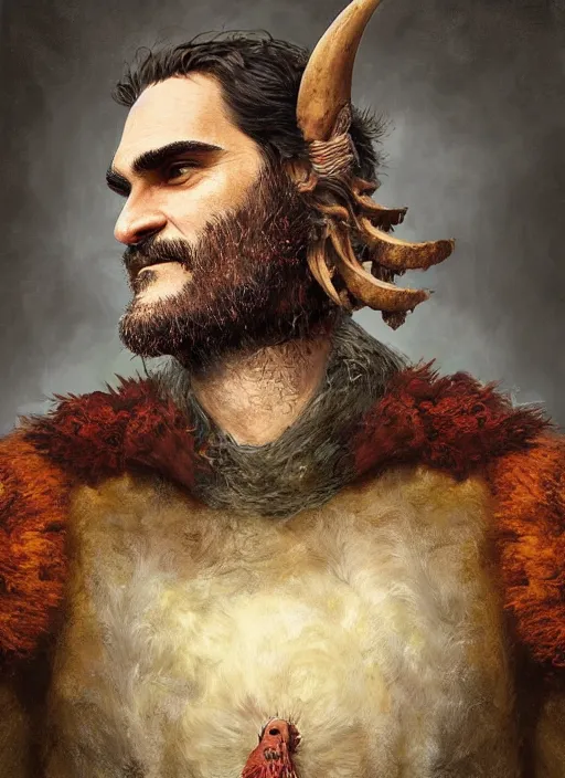 Image similar to digital painting of joaquin phoenix with an armor made of animals, cow horns, pig nose, sheep wool, chicken feather armor, majestic, by anna podedworna and miklos ligeti, diego maricato, taran fiddler, antonino truisi, chris reddie, jinsung lim, trending on artstation