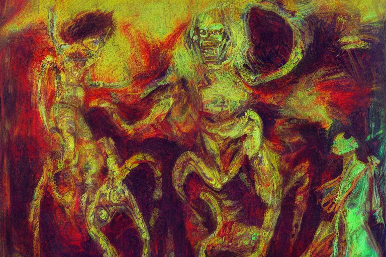Image similar to painting of a monster in the style of trevor henderson and james ensor goya, liminal space, 3 d render, glitch effect