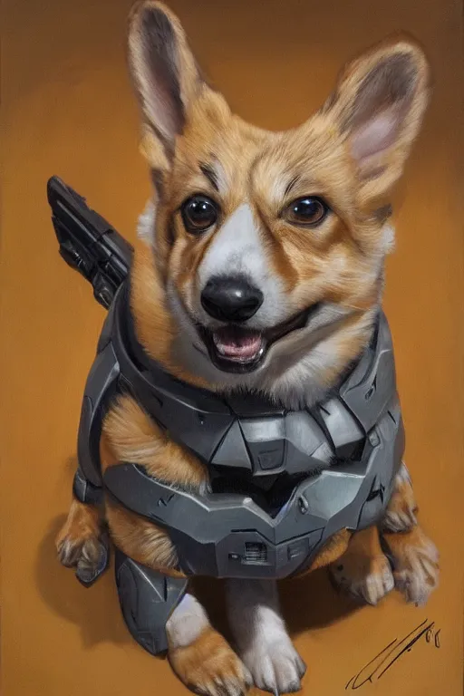 Prompt: master chief as a corgi, oil on canvas, intricate, portrait, 8 k highly professionally detailed, hdr, cgsociety