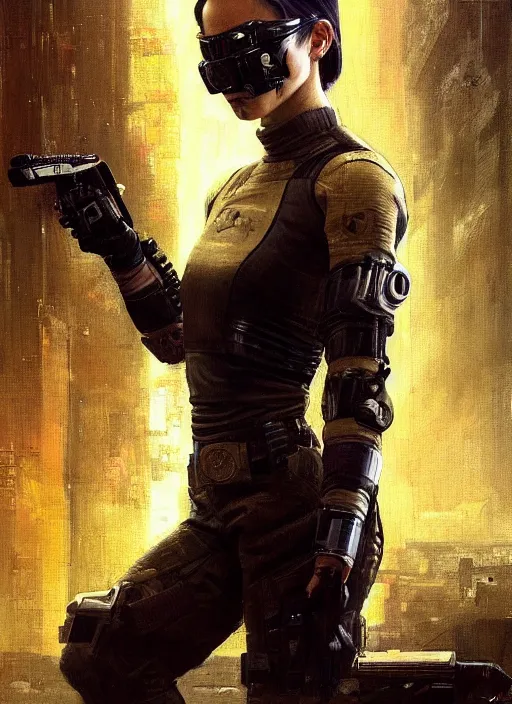 Prompt: Nikki tanaka. beautiful cyberpunk female USN marine wearing a military vest and military stealth suit (cyberpunk 2077, bladerunner 2049). gorgeous face. Iranian orientalist portrait by john william waterhouse and Edwin Longsden Long and Theodore Ralli and Nasreddine Dinet, oil on canvas. Cinematic, hyper realism, realistic proportions, dramatic lighting, high detail 4k