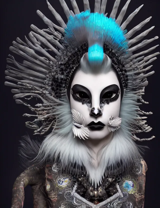 Image similar to 3 d goddess close - up profile simple portrait punk with mohawk with ram skull. beautiful intricately detailed japanese crow kitsune mask and clasical japanese kimono. betta fish, jellyfish phoenix, bio luminescent, plasma, ice, water, wind, creature, artwork by tooth wu and wlop and beeple and greg rutkowski