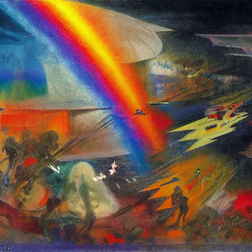 Image similar to ghostly, calm rainbow by c. r. w. nevinson, by jean - paul riopelle. a beautiful conceptual art of a space battle with wild, bright colors.