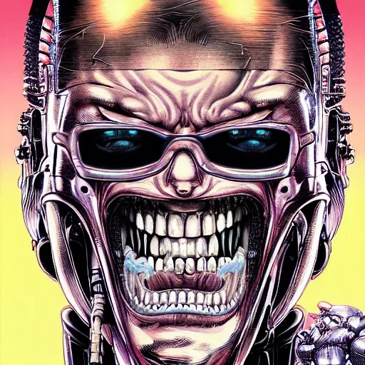 Image similar to portrait closeup of crazy terminator laughing, symmetrical, cinematic colors, by yoichi hatakenaka, masamune shirow, josan gonzales and dan mumford, ayami kojima, takato yamamoto, barclay shaw, karol bak, yukito kishiro