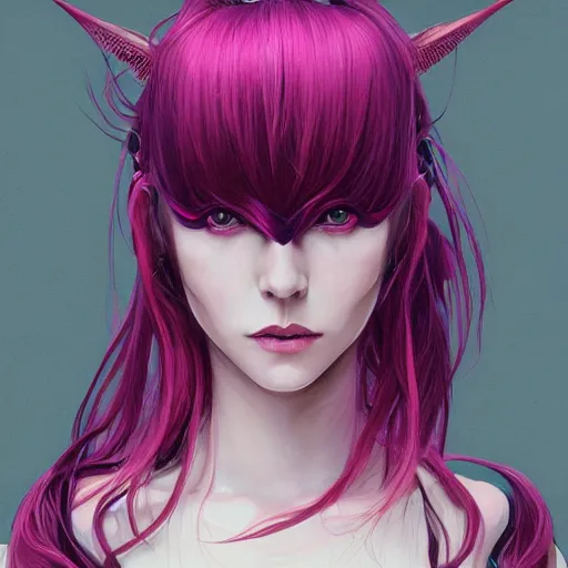 Image similar to portrait of beautiful symmetrical anime alien woman, pink hair, attractive, casual, modern, victoria's secret, highly detailed, digital painting, artstation, concept art, smooth, sharp focus, illustration, art by artgerm, greg rutkowski and alphonse mucha, 8 k,