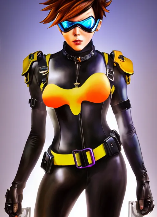 Image similar to oil painting digital artwork of tracer overwatch, confident pose, wearing black iridescent rainbow latex, 4 k, expressive happy smug expression, makeup, in style of mark arian, wearing leather collar, wearing sleek full body armor, black leather harness, expressive detailed face and eyes,