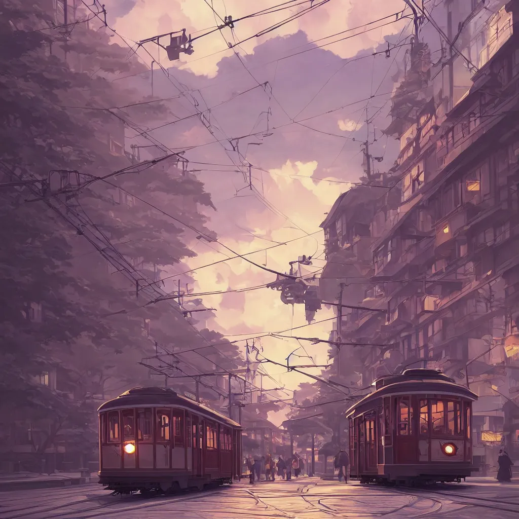 Image similar to a streetcar is running on the maple leaf sea, unreal engine, fantasy art by greg, loish, rhads, ferdinand knab, makoto shinkai and lois van baarle, ilya kuvshinov, rossdraws, tom bagshaw, night lighting, trending onstudio ghibli, highly detailed, octane render, 8 k