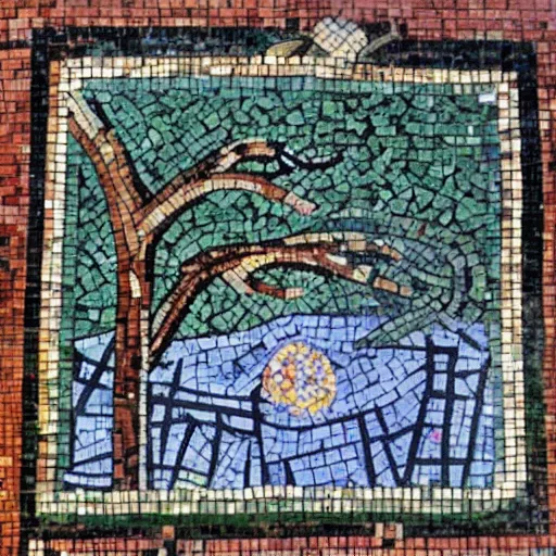 Prompt: In some crusty age, having drunk the depths of knowledge I have exhausted the benefits of bliss, in the school yard, by the wall. The art of mosaic. High quality.