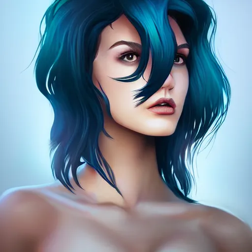 Prompt: a stunning upper body portrait of a beautiful young woman wearing futuristic deep black battle bodyarmor with ombre navy blue teal hairstyle blowing in the wind by marvel comics, digital art, trending on artstation