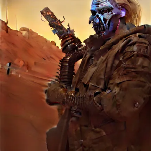 Image similar to Portrait of Immortan Joe by Greg Rutkowski. He is making an announcement from his war rig in the desert by Mark Arian. It is bright and desolate and rusty by H.R. Giger. soft render, octane, highly detailed painting by Moebius. artstation Blank Canvas Scene by Tetsuya Nomura.