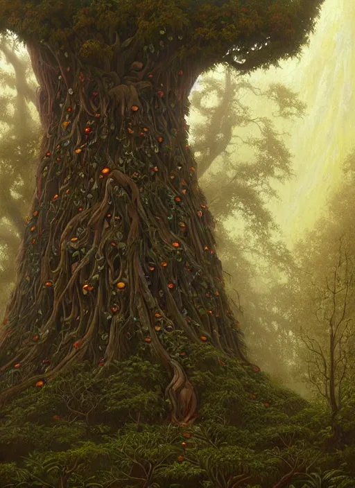 Image similar to ayahuma tree looking like an ent with brown round fruits, art by christophe vacher