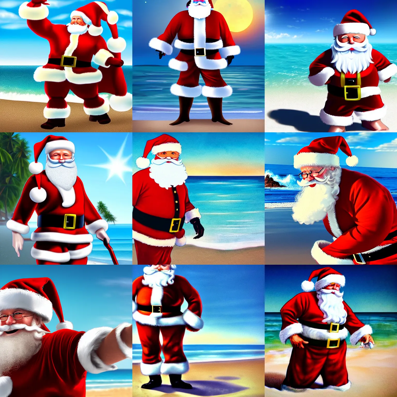 Prompt: ultra realistic illustration of santa claus on a beach, epic hero shot