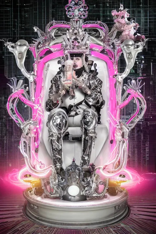 Prompt: full-body rococo and cyberpunk style neon statue of a young attractive portugues macho dotado android reclining sim roupa con piroca, glowing white laser eyes, prince crown of pink gears, diamonds, swirling silver-colored silk fabric. futuristic elements. full-length view. space robots. human skulls. intricate artwork by caravaggio. Trending on artstation, octane render, cinematic lighting from the right, hyper realism, octane render, 8k, depth of field, 3D