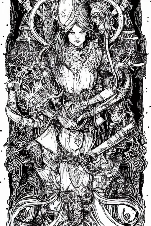 Image similar to Viking Alice in wonderland tarot card , pen and ink, intricate line drawings, by Yoshitaka Amano, Ruan Jia, Kentaro Miura, Artgerm, watercolor