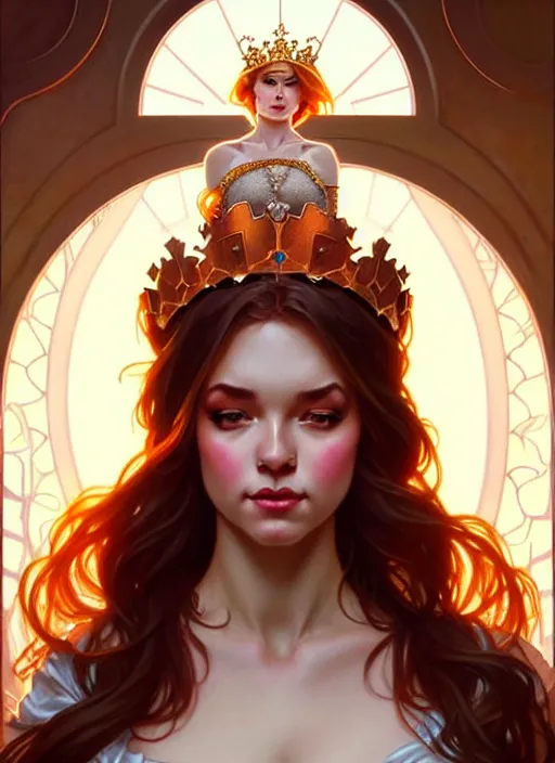 Image similar to rolyatistaylor!!! as queen, incredibly detailed face, pretty face, light dress, true anatomy, art by artgerm and greg rutkowski and alphonse mucha