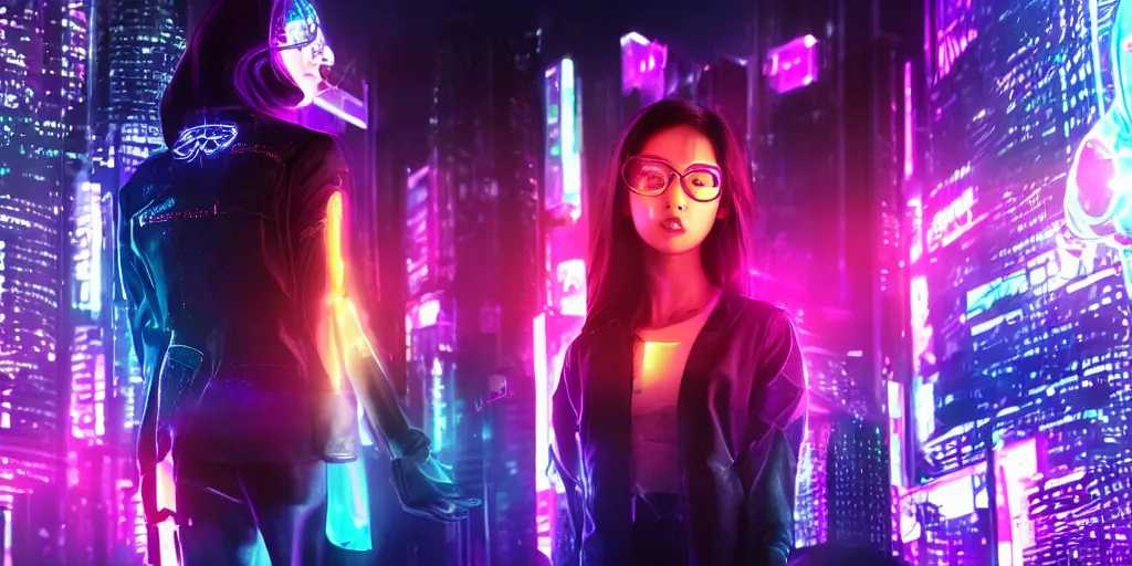 Image similar to cyberpunk people futuristic banner neon girl halo, asian girl, sci fi background, glow in the dark