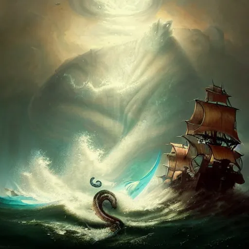 Prompt: A kraken-sea-monster emerging from the stormy ocean depths attacking a 17th century Ship-of-the-line, atmospheric, dramatic, concept art by Peter Mohrbacher