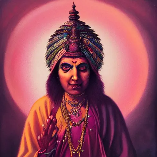 Prompt: wise old Indian guru, multiple arms, large ears, pink and gold , by Anato Finnstark, Tom Bagshaw, Brom