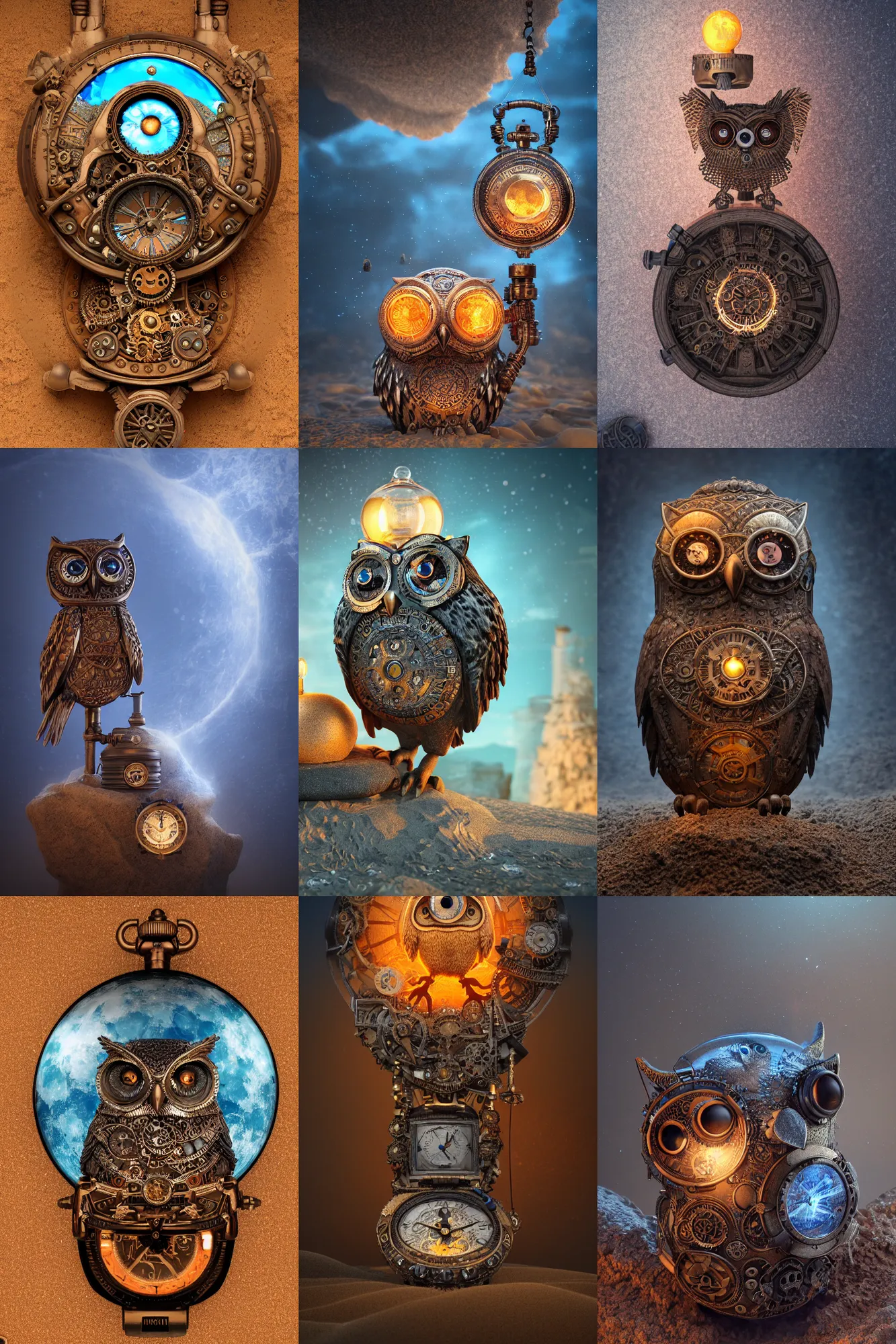 Prompt: steampunk aztec owl, pocketwatch buried in sand, himalayan rocksalt lamp, intricate detail, volumetric lighting, epic composition, hyper detailed, ultra realistic, sharp focus, octane render, volumetric, ray tracing, sense of awe, swirling mist, blue moon
