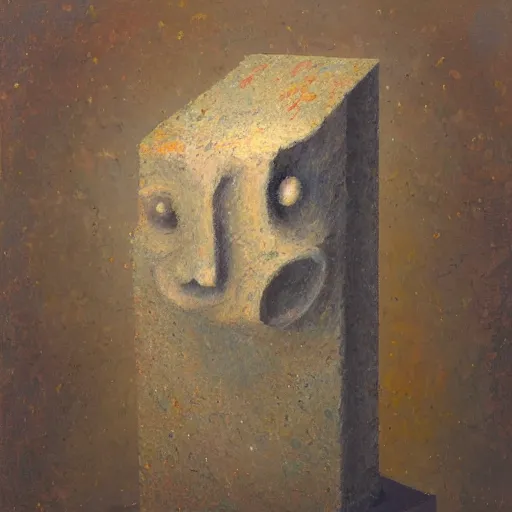 Image similar to an impasto painting by shaun tan of a forgotten abstract sculpture by the caretaker and ivan seal