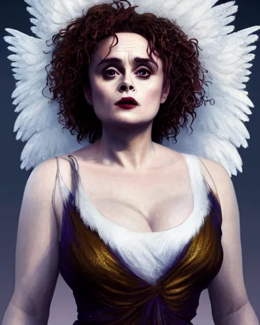 Image similar to Fullbody potrait of Helena Bonham Carter as an angel, hyper realistic, prismatic highlights, atmosphere, gorgeous, depth of field, cinematic, macro, concept art, 50mm, artstation, wlop, elegant, epic, weta digital, focus, octane render, v-ray, 8k, kodak portra, art by Liberatore