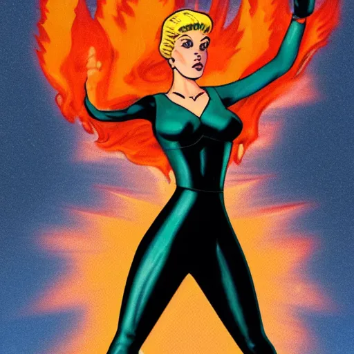 Prompt: retro sci-fi superhero Miss Flame