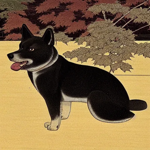 Prompt: Hasui Kawase, black and brown Shiba