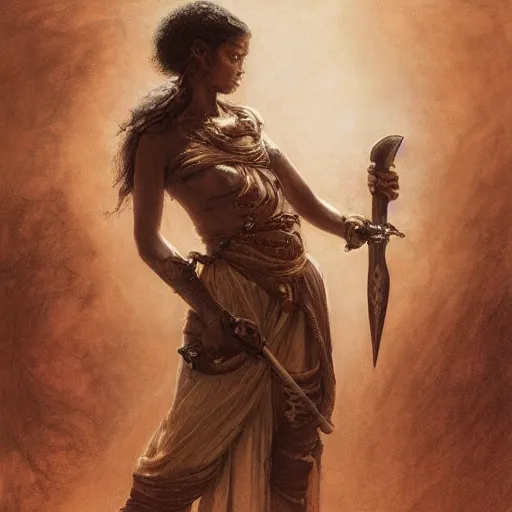 Image similar to artstation concept of a beautiful girl holding a sword in both hands, brown skin, sweaty skin, symmetrical face, casual white garment, brown canyon background, shiny colorful, hyperdetailed, artstation trending, world renowned artists, worth1000.com, historic artworks society, antique renewel, cgsociety, by greg rutkowski, by Gustave Dore, Deviantart