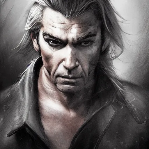 Image similar to portrait of a muscular, grim, ponytail haired blonde man in his late 30's, wearing a thick brown leather coat, looking to his side, scarred face, hunter, DnD character, fantasy character, dramatic lighting, high detail, graphite black and white by Ruan Jia, Krenz Cushart, Rossdraws and Boris Vallejo