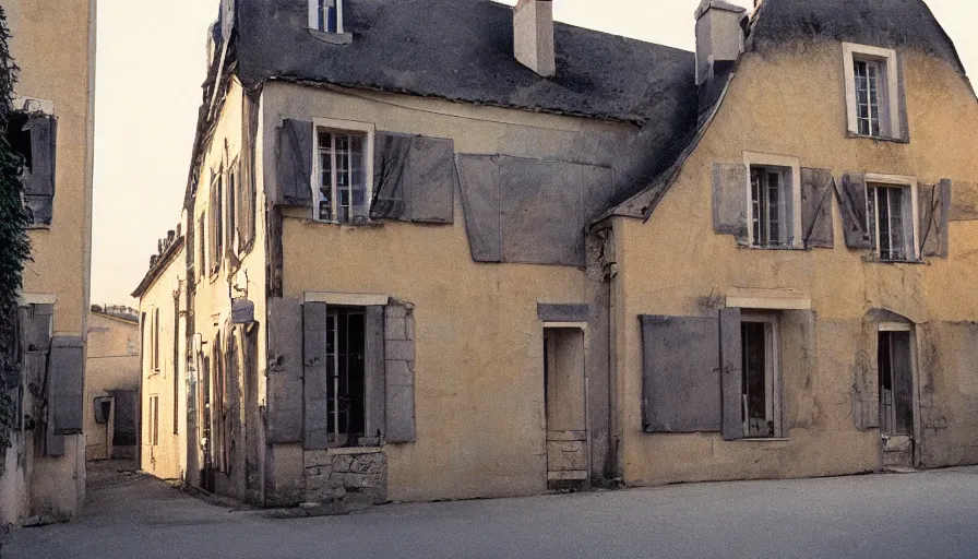 Image similar to 1 9 7 0 s movie still of a heavy burning french style townhouse in a small french village, cinestill 8 0 0 t 3 5 mm, heavy grain, high quality, high detail, dramatic light, anamorphic, flares