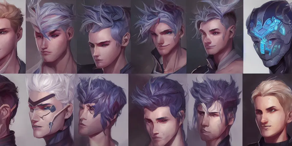 Image similar to concept art of young male netrunner d & d video game characters head designs, unique hair designs, by marc brunet and artgerm