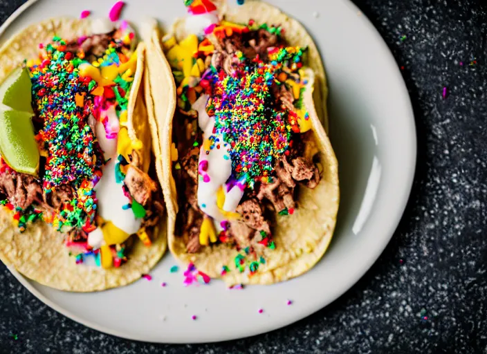 Image similar to dslr food photograph of a tacos topped with rainbow sprinkles, 8 5 mm f 1. 8